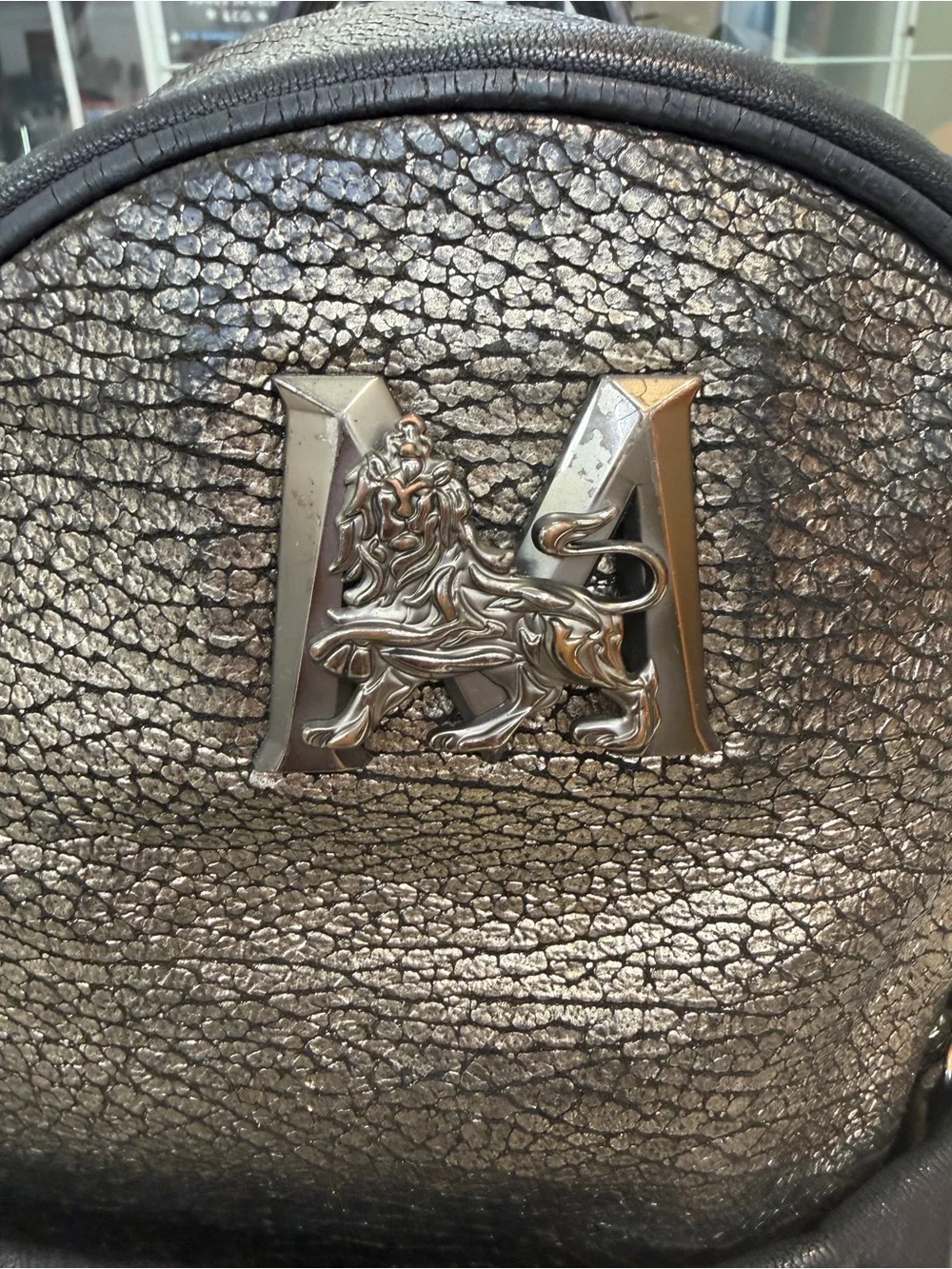 MCM Metallic Black Textured Backpack with pouch